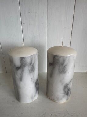 Marbled White and Gray Pillar Candle Set - Elegant Accent Pair